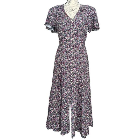 Vintage Bentley Floral V-neck Short Sleeve Front Button Midi Dress in Size 11/12 - Picture 1 of 10